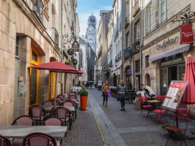 Nantes, France - September 25, 2018: detail of architecture and street atmosphere in the streets of the historic city center on a summer day