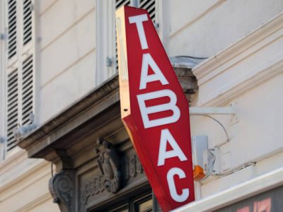 French Red And White Sign Tabac. In France "Tabac" Means Tobacco